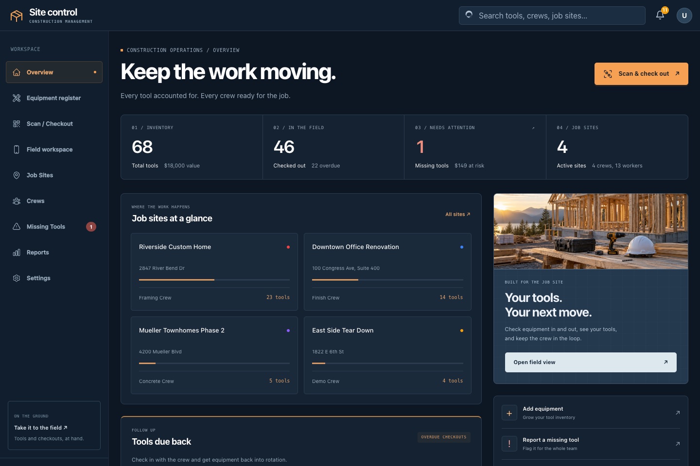 Construction application showing projects, progress, and budgets