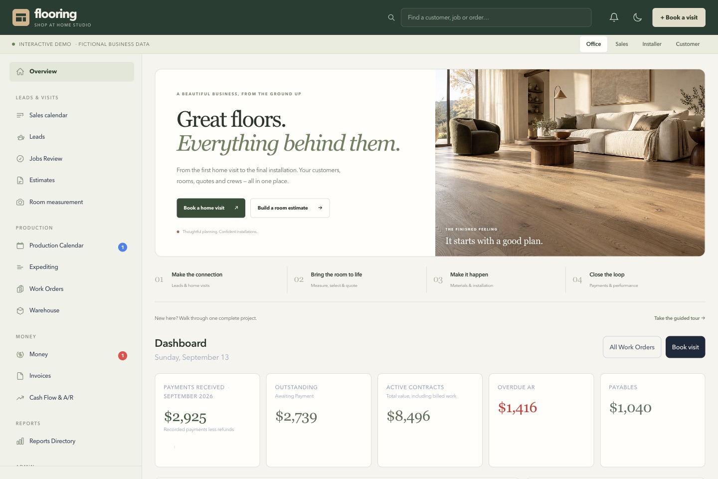 Shop-at-home flooring workspace with job and sales tools