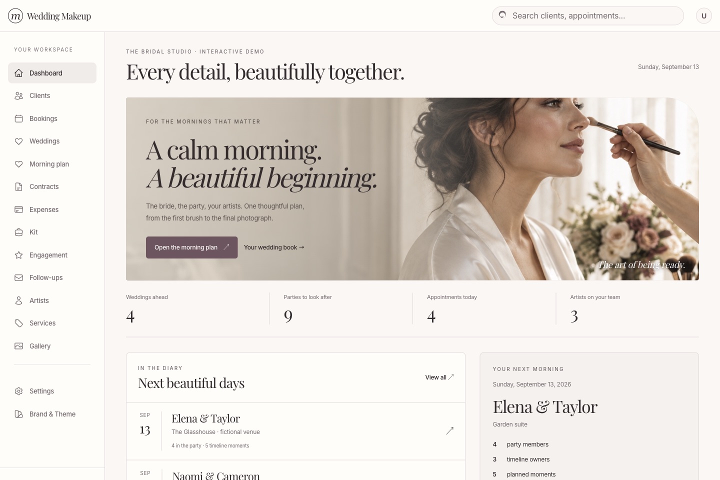 Wedding makeup studio application with scheduling and client coordination
